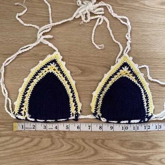 Boho Crochet Bikini Set Navy Blue Yellow Trim Festival Ready Beach Outfit - Picture 9 of 10
